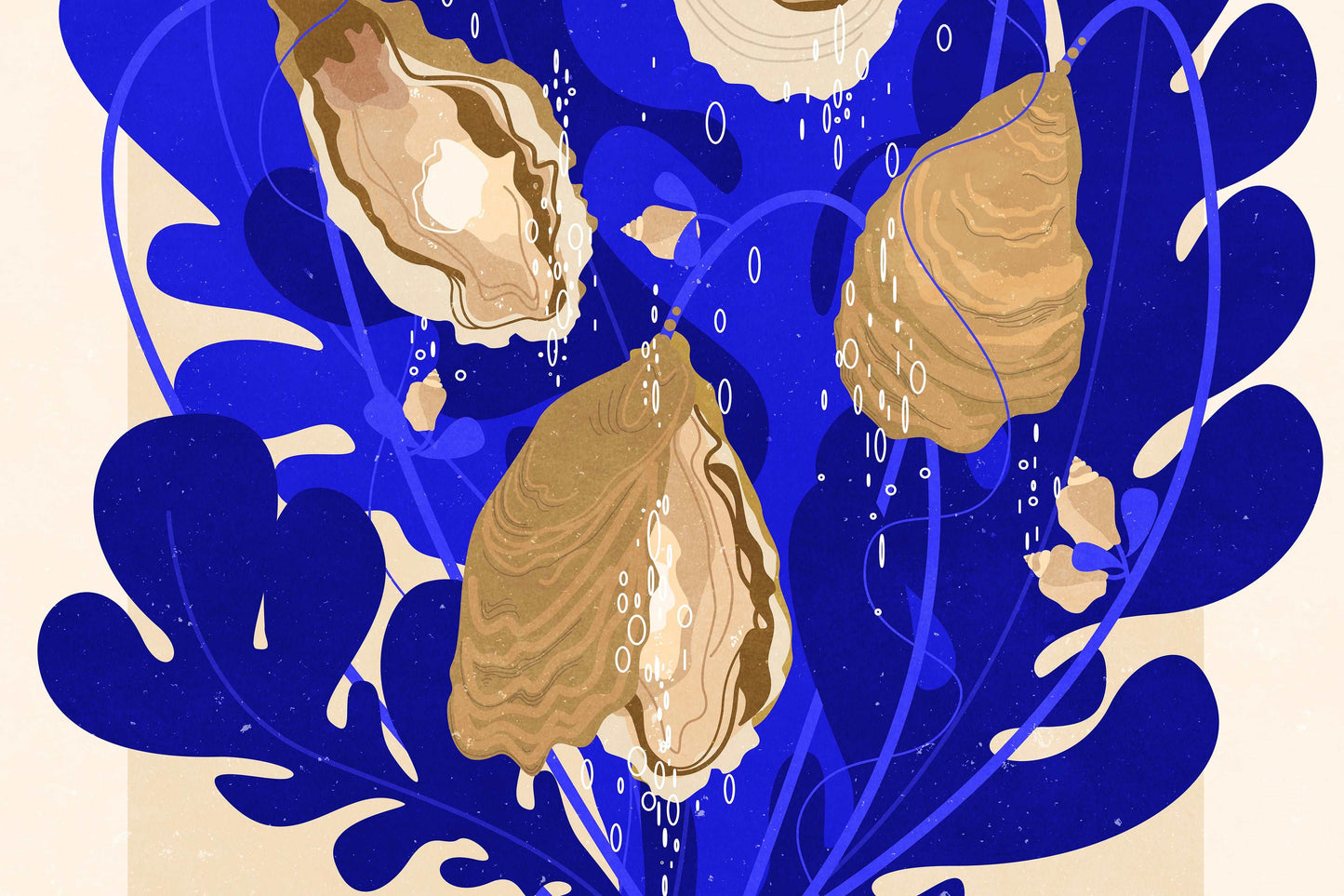 Dark blue and beige botanical vintage oysters shells printable poster wall art