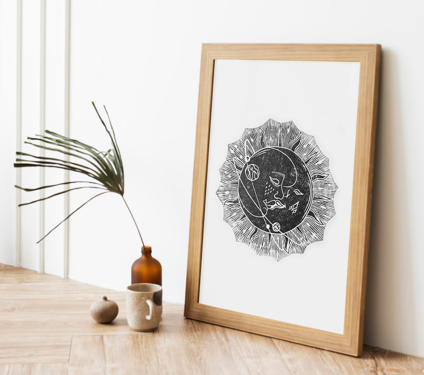 Linocut print original artwork Living room Kisses Printmaking simple Linogravure lino Boho gold moon sun kiss Printmaking relief wall art Bedroom valentines home decor block New first home gift girlfriend boyfriend wife bestfriend black and white