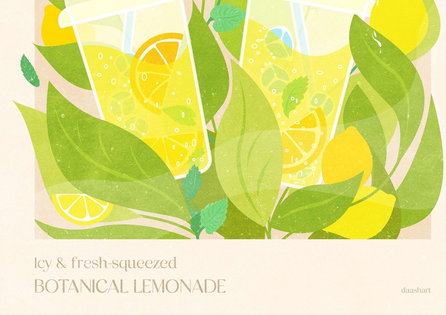 Details summer green and yellow icy and fresh-squeezed botanical lemonade  with mint and lemons digital poster