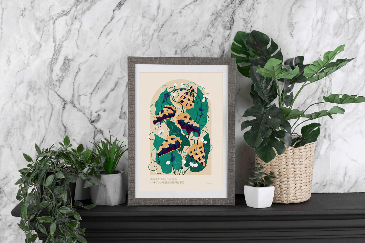 Botanical vintage blueberry pie summer poster for modern kitchen and dining room decor Printable wall art INSTANT DOWNLOAD digital poster