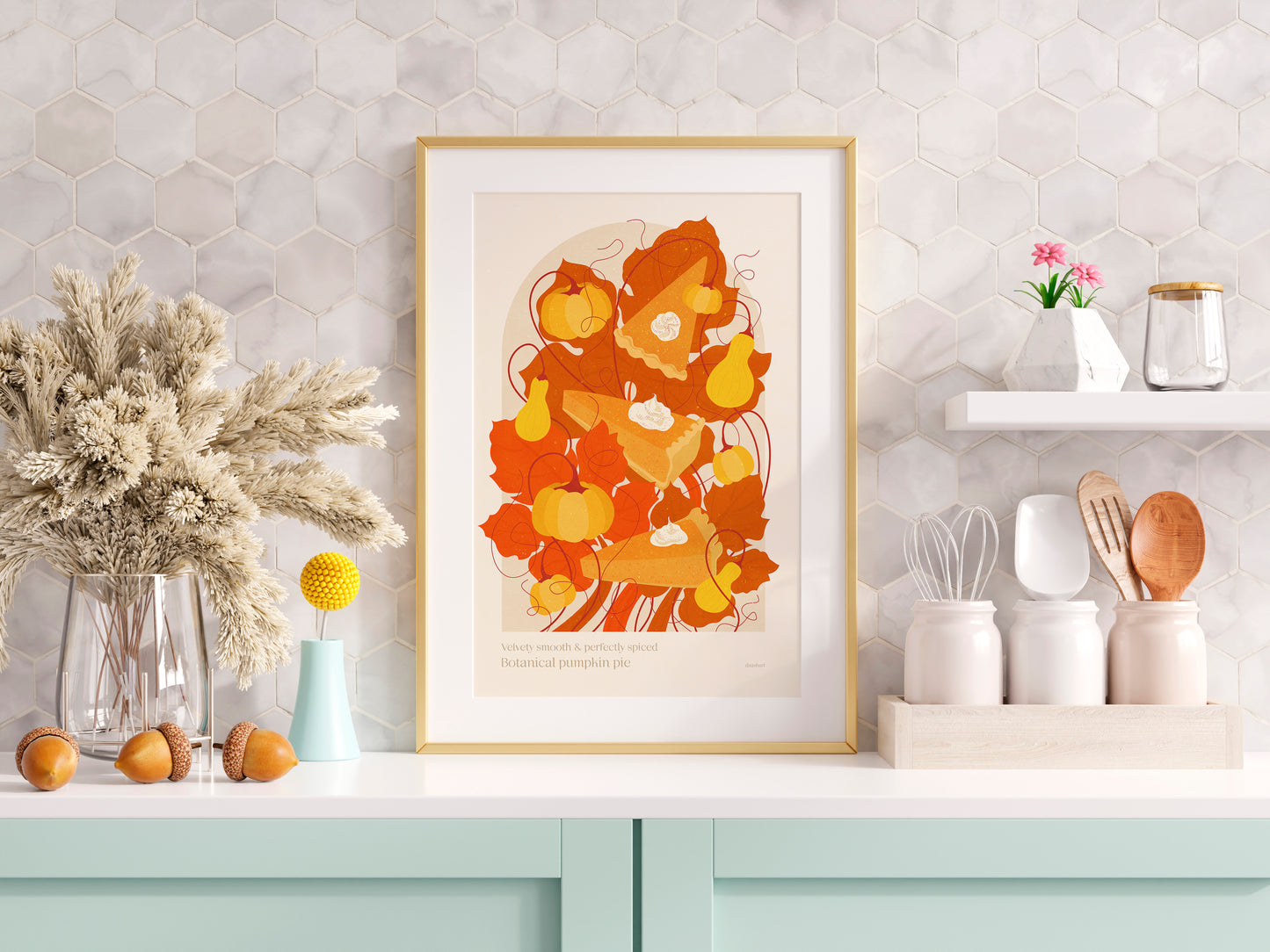 Botanical vintage Pumpkin pie poster Autumn wall art for modern kitchen decor, printable wall art, instant download, digital poster, fall wall art, dessert wall decor, dining room wall art, bedroom wall decor, nature lover gift, orange and yellow autumn poster / velvety smooth & perfectly spiced botanical pumpkin pie