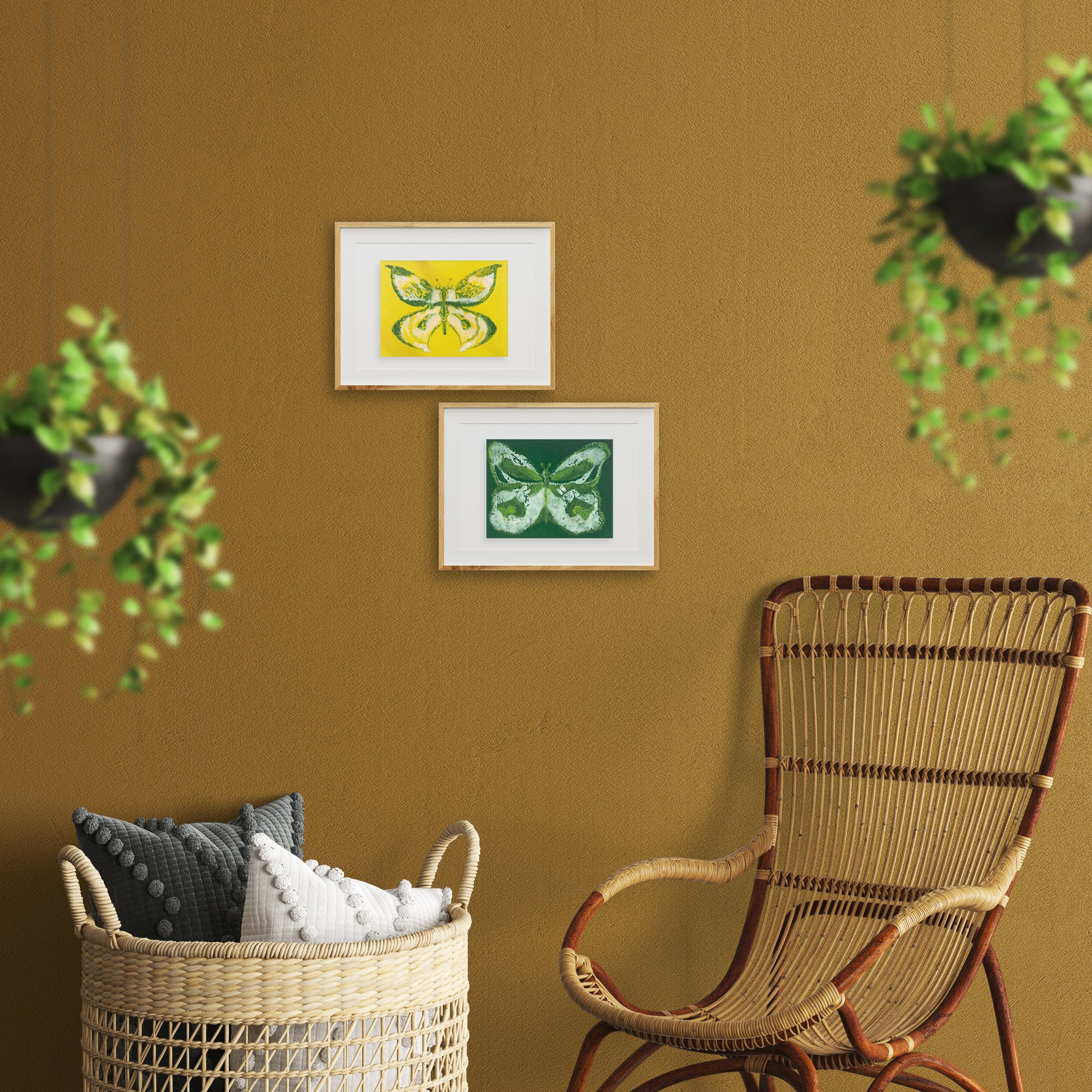 №10 - Set of 2 Yellow and green abstract butterfly Monotype print for Nature lover gift UNFRAMED for living room, or bedroom original artwork