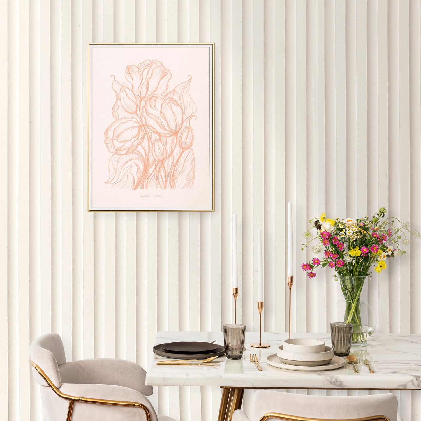 Spring peach fuzz wall art Hand drawn tulips flower sketch Line floral large botanical poster Printable neutral prints for Bedroom decor digital instant download Living room Home workspace large new first housewarming gift