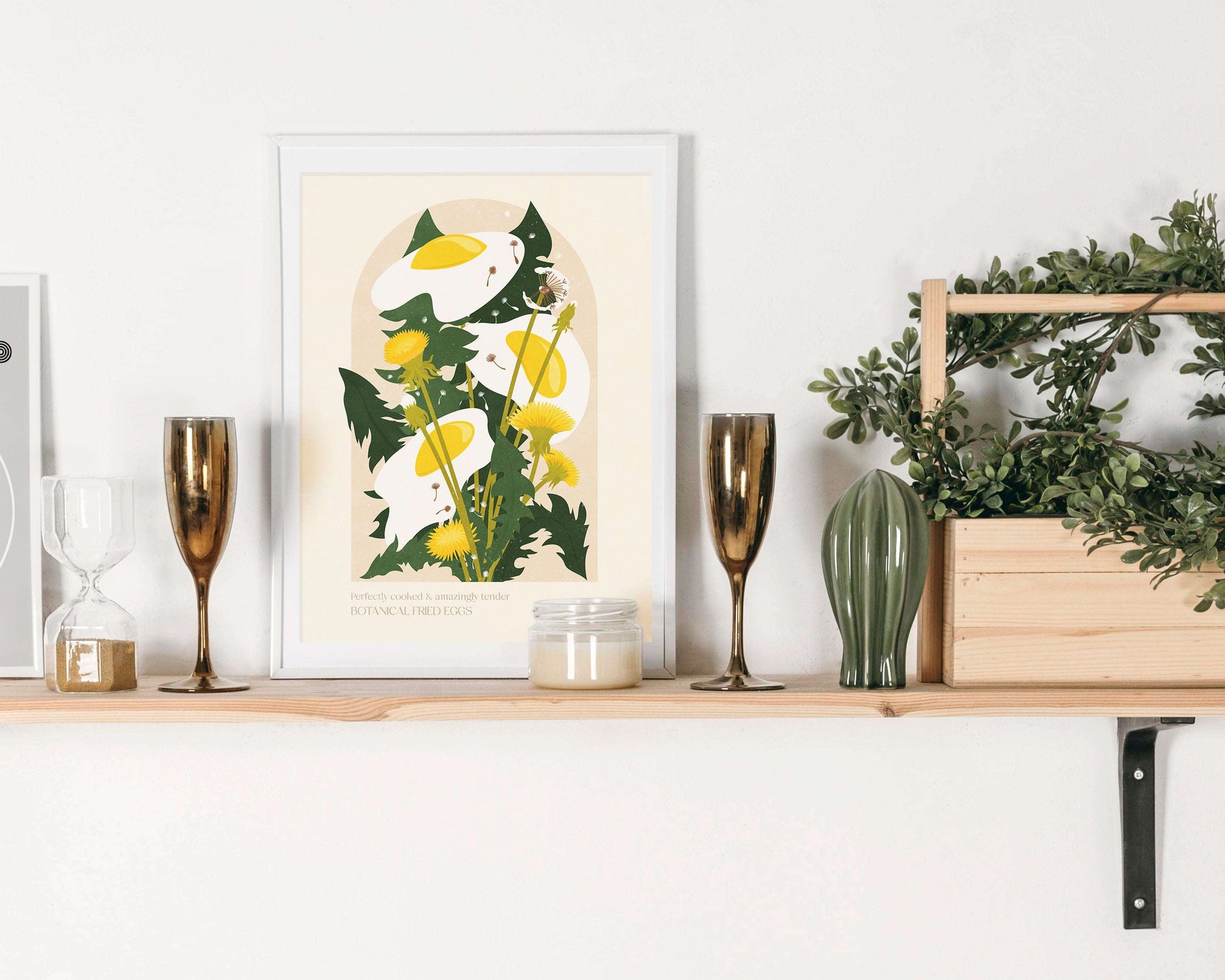 Botanical vintage fried egg Dandelion plants and flower poster for modern kitchen and dining room decor Printable wall art INSTANT DOWNLOAD digital poster