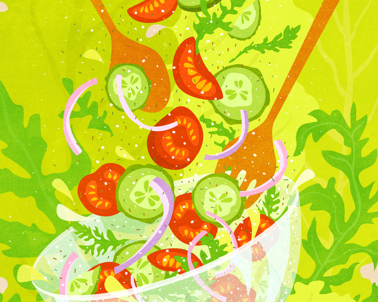 Botanical vintage bright summer salad poster for modern kitchen and dining room decor wiith tomatoes, cucumber, onion, salad, rucola / food poster daashart