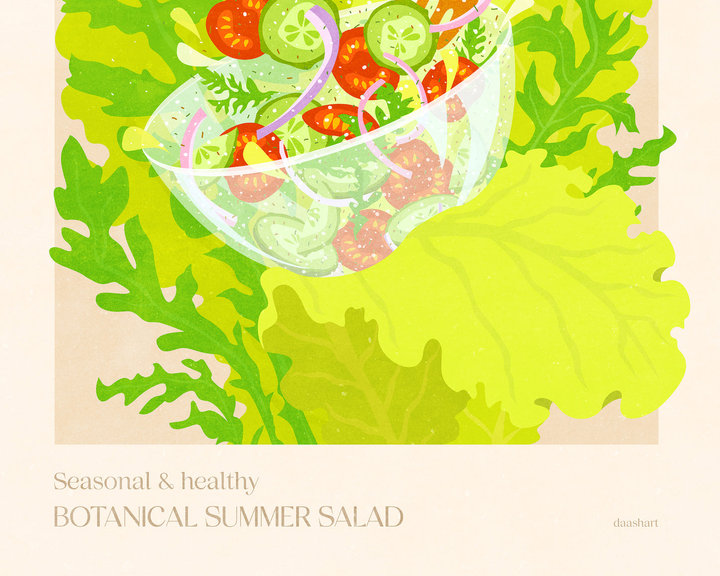 Seasonal and healthy Botanical vintage bright summer salad poster for modern kitchen and dining room decor wiith tomatoes, cucumber, onion, salad, rucola / food poster daashart