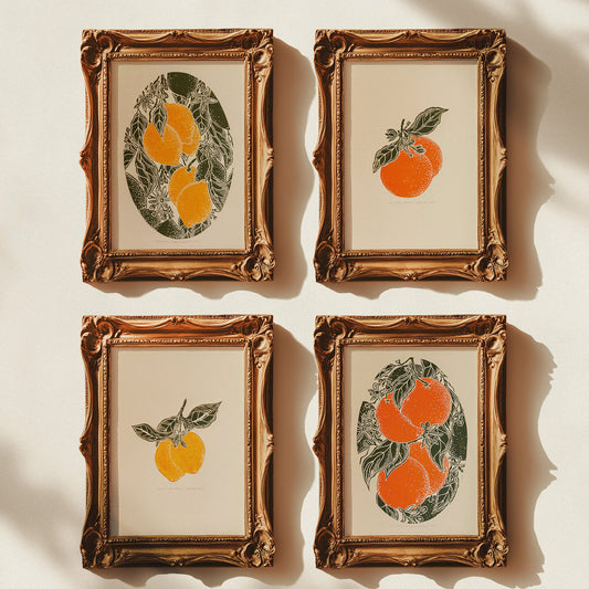 Gallery wall set of 4 Vintage lemon and orange fruits linocut print for Kitchen art decor wall hanging, Vintage art, unique wall art, trendy wall art, thank you gift boss, teacher appreciation gift, Summer wall art, sister in law gift, shelf decor, self gift, Sage green color, rustic artwork, Retro artwork, retirement gift, Relief print, realtor closing gift, Printmaking art, Plant print, plant lover gift, original illustration, original artwork, green art, one of a kind