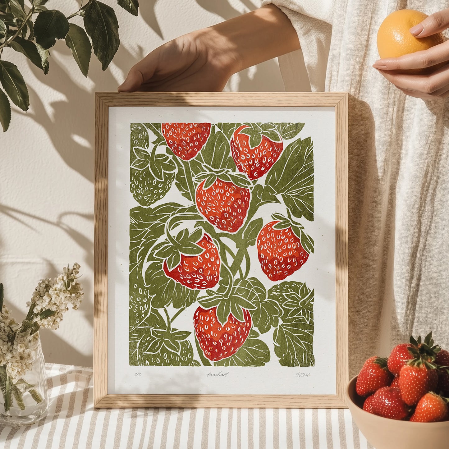 Sage green red berries «Sagren Strawberries N1» Printable linocut prints wall art poster teacher retirement gift, going away gift for coworker, employee appreciation gift, pass the gift game, realtor closing gift, fathers day gift, grandpa gift, new dad gift, sister birthday gift, boyfriend gift, couple gift, best friend gift, girlfriend gift, sister gift, big sister gift, daughter gift, best man gift, wife gift, brother gift