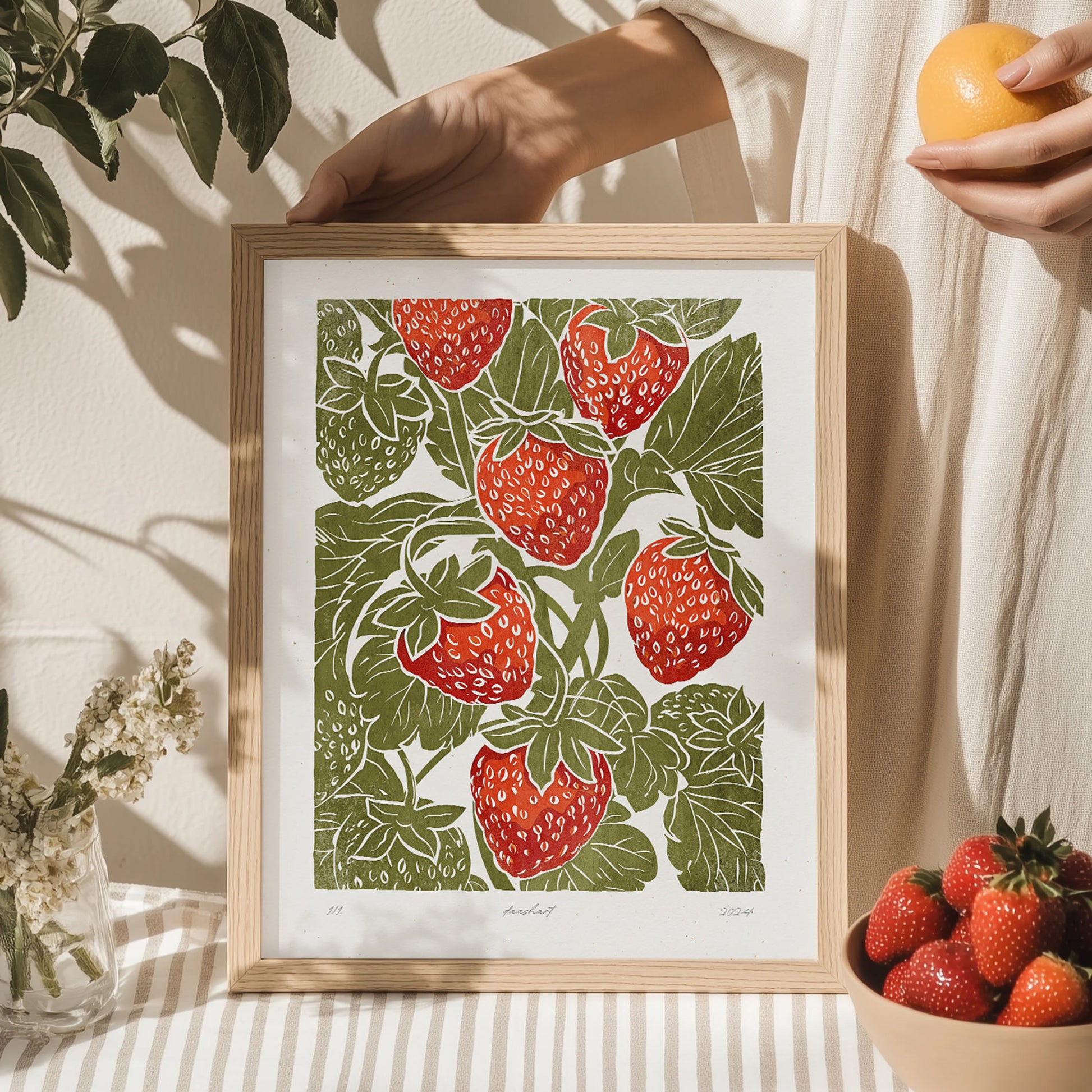 Sage green red berries «Sagren Strawberries N1» Printable linocut prints wall art poster teacher retirement gift, going away gift for coworker, employee appreciation gift, pass the gift game, realtor closing gift, fathers day gift, grandpa gift, new dad gift, sister birthday gift, boyfriend gift, couple gift, best friend gift, girlfriend gift, sister gift, big sister gift, daughter gift, best man gift, wife gift, brother gift