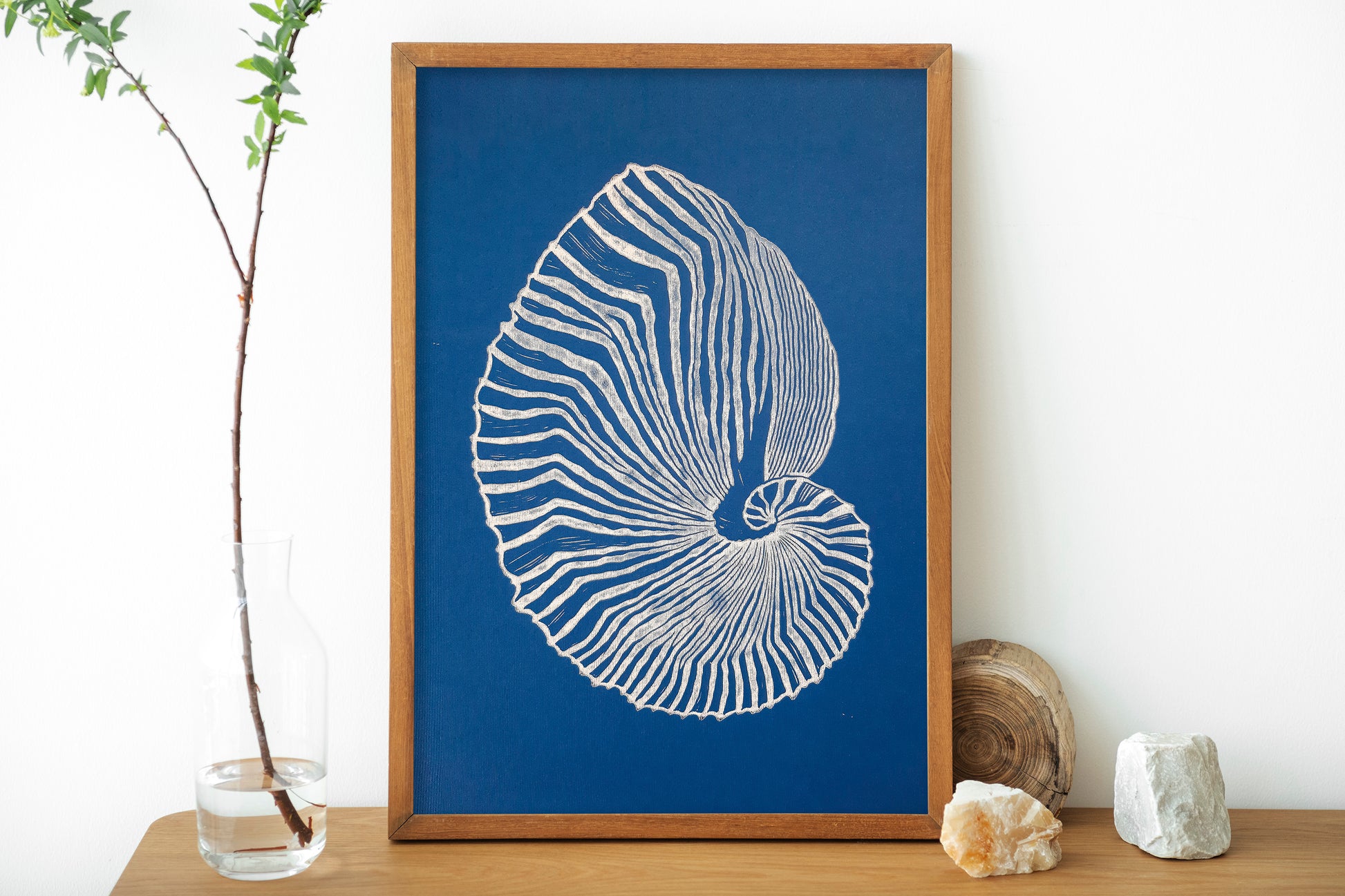 Blue and white sea shell art Linocut print art for Bedroom or bathroom wall decor UNFRAMED / living room wall adecor for New home gift, houswarming gift, nature lover gift, Nautical wall decor, Simple artwork, Hampton style decor, Coastal wall art