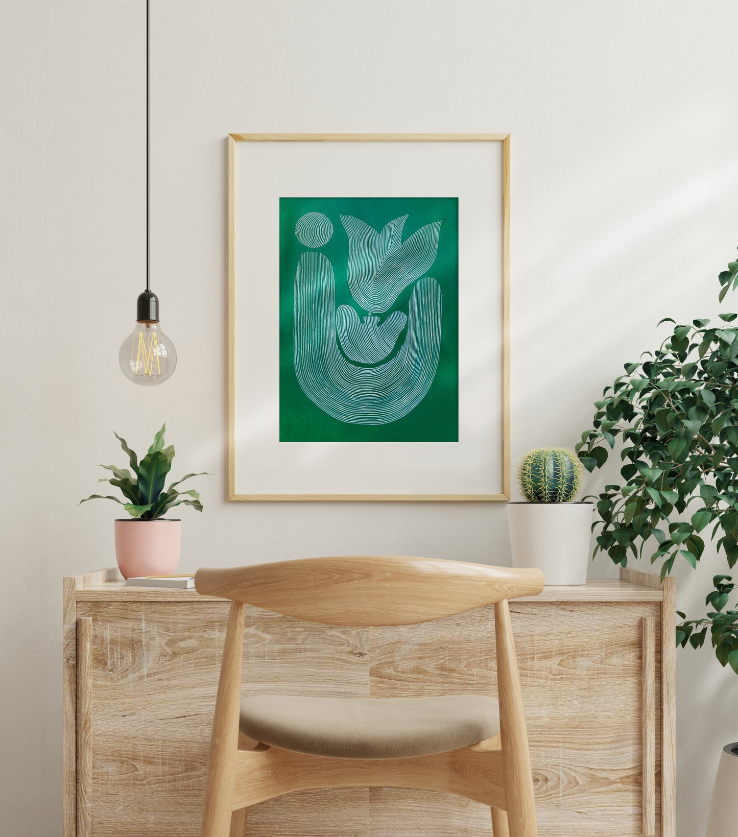 Emerald green Abstract flower line shapes artwork for Nature lover gift UNFRAMED for living room, or bedroom original artwork