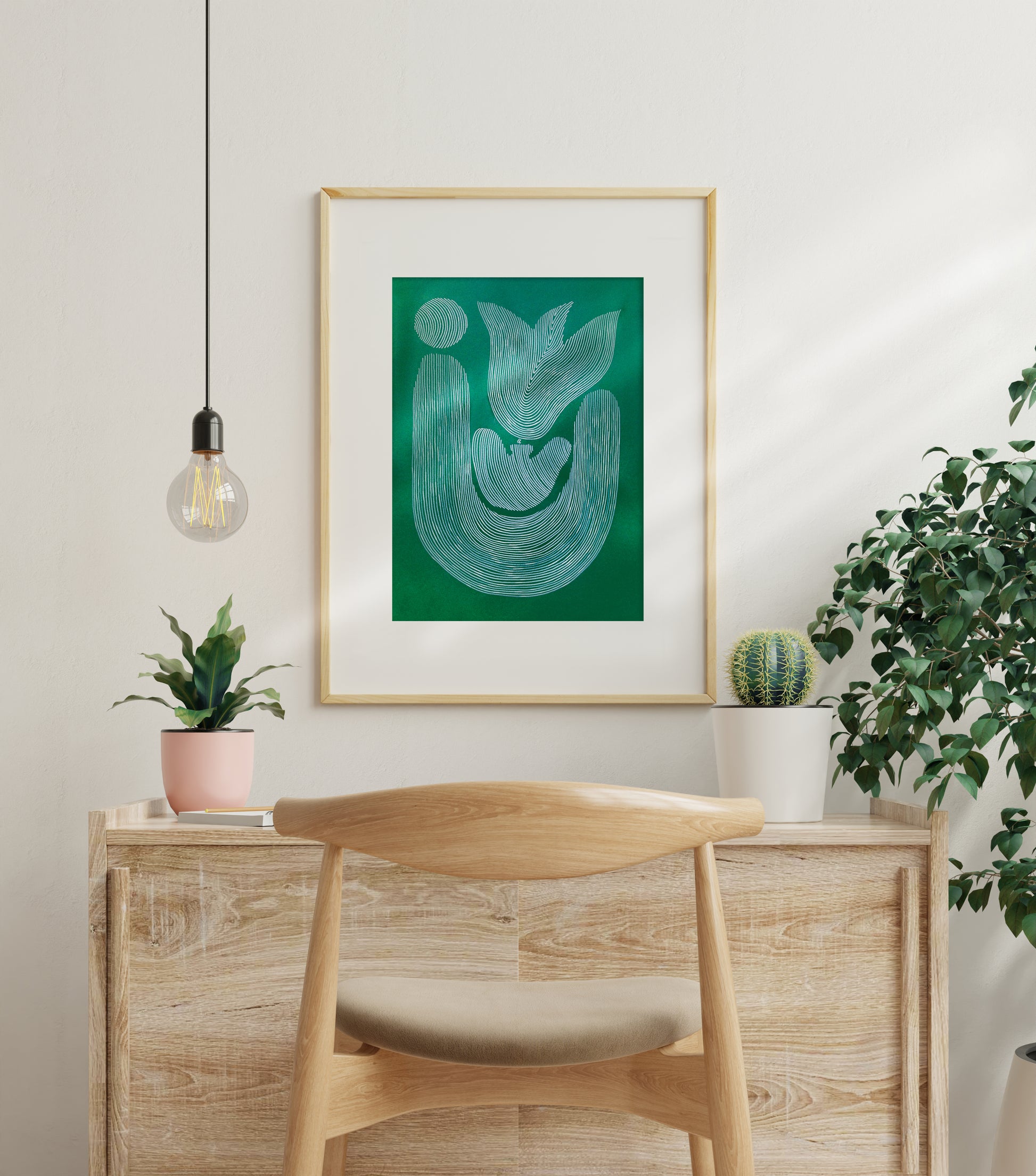 Emerald green Abstract flower line shapes artwork for Nature lover gift UNFRAMED for living room, or bedroom original artwork