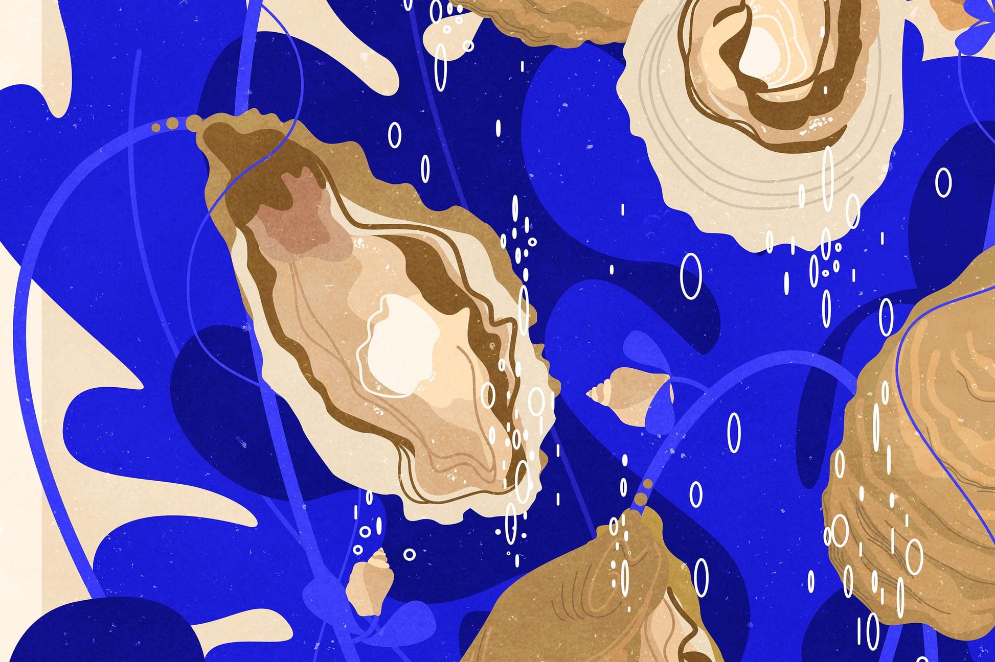 Dark blue and beige botanical vintage oysters shells printable poster wall art