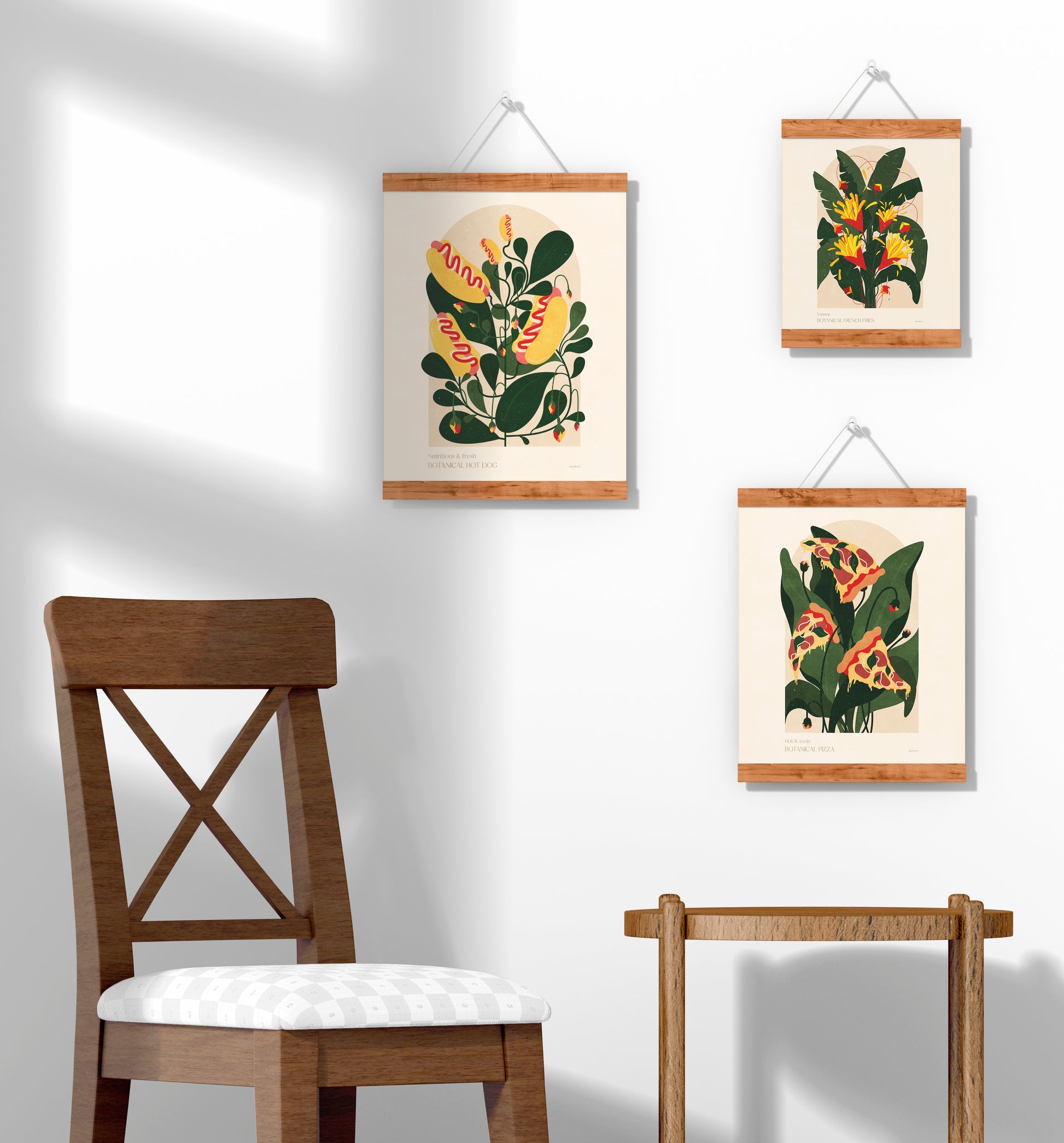 Gallery wall set of 3 Botanical pizza French fries and hot dog fast food poster for Modern kitchen