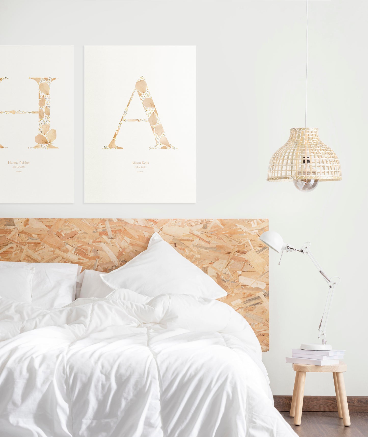 Beige personalized name letter prints Pressed wildflower and roses petals poster