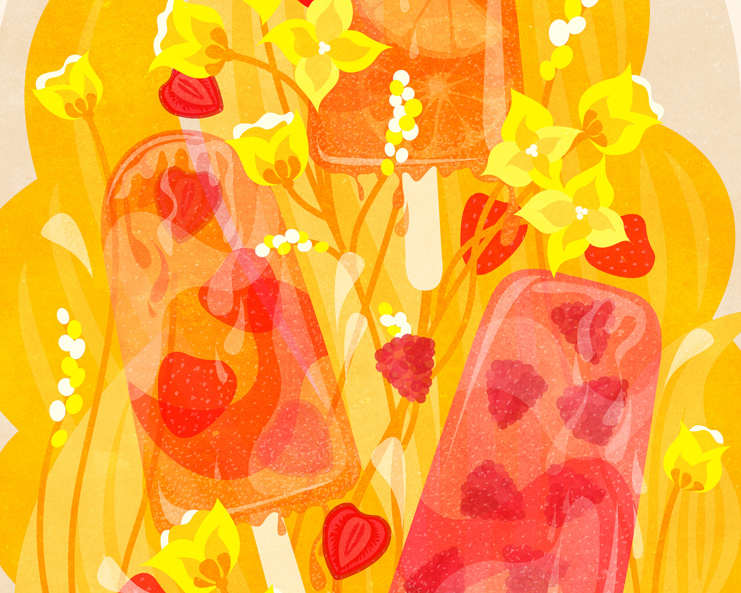 Botanical vintage lemonade popsicles poster Colorful summer for modern kitchen and dining room decor with Pink, red and yellow juicy strawberries, raspberries, and oranges