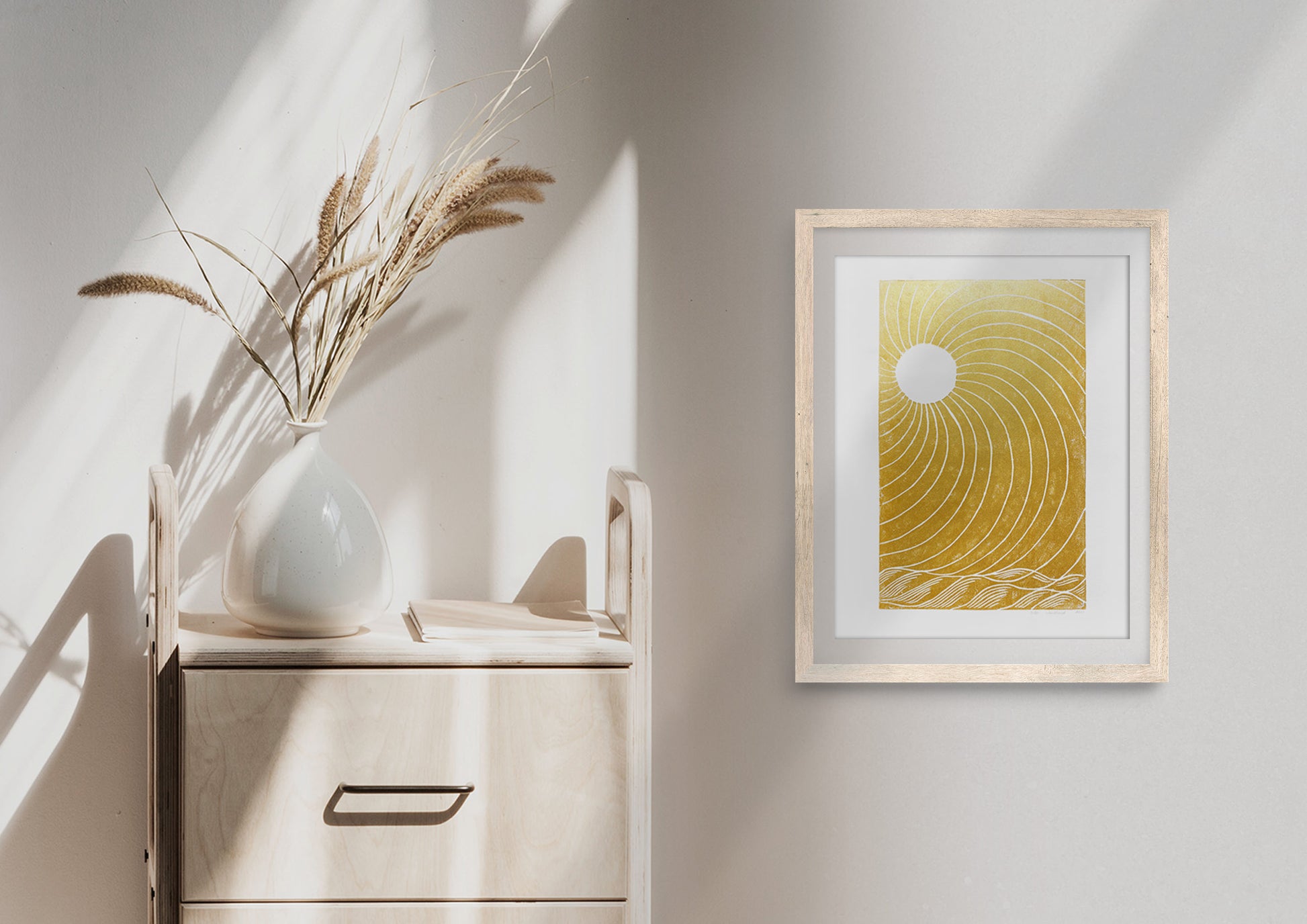 Gold japanese sun and waves Linocut print for New home gift UNFRAMED Housewarming gift New home gift Living room bedroom decor 16x12 Original artwork Classical wall decor