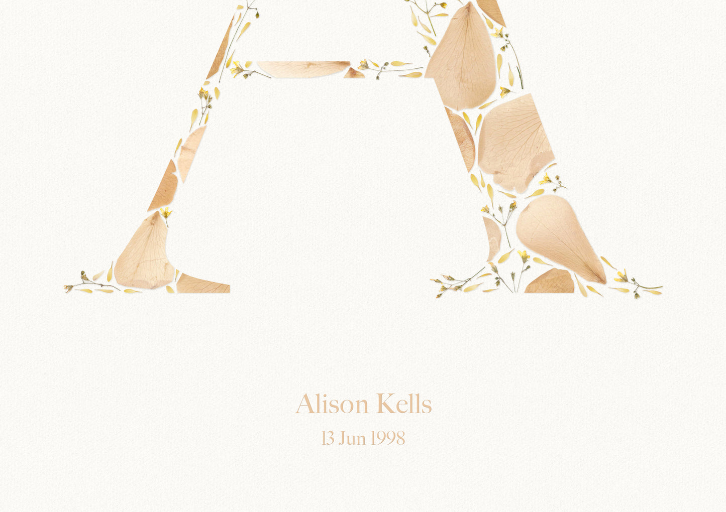 Beige personalized name letter prints Pressed wildflower and roses petals poster