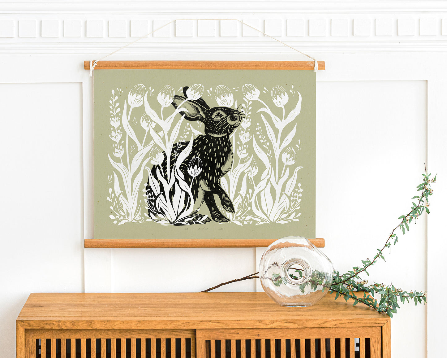 Living room wall art Nature lover gift Printable linocut Cottagecore decor Digital downloadable linogravure lino foraged poster Bedroom kids rooom prints Bunny plant House warming gift farm relief texture wildflower vintage Green rabbit hare