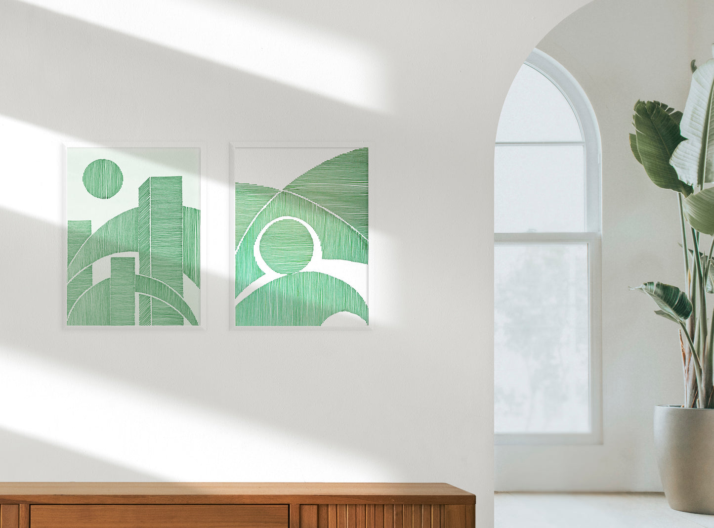 Green Geometric abstract landscape line shapes artwork for New home gift UNFRAMED for living room, or bedroom original artwork