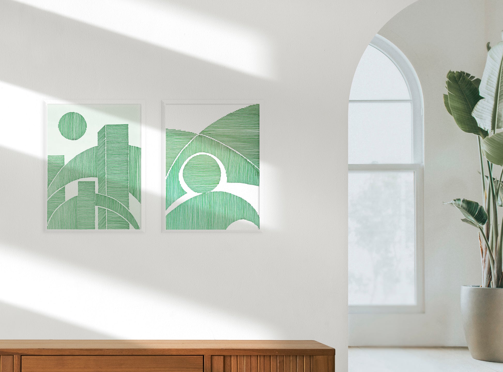 Green Geometric abstract landscape line shapes artwork for New home gift UNFRAMED for living room, or bedroom original artwork