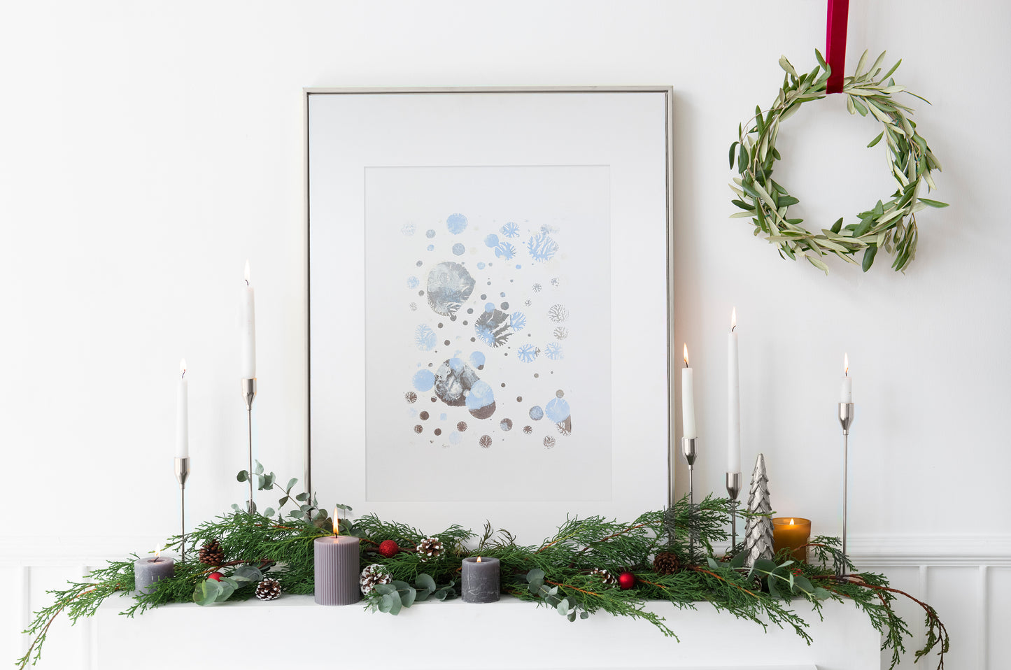N2 Blue and silver abstract snowflakes 12x16in Monotype print Holiday winter wall art for Christmas festive living room decor UNFRAMED, Bedroom wall decor, Printmaking art handmade, one copy unique, relief print , Original artwork, Noel decoration, Minimalist art decor