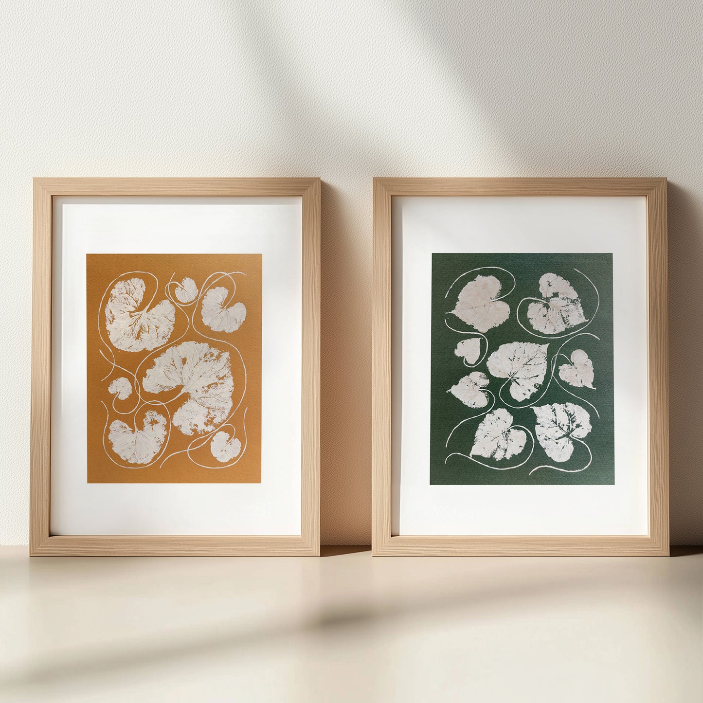 Mini Gallery wall set of 2 Green ochre beige textured leaves Monotype print wall art decor wall hanging, unique wall art, trendy, thank you gift, boss, teacher appreciation gift, Summer, Christmas, Spring wall art, sister in law gift, self gift, rustic wall art, retirement, One of a Kind Holiday Gift, Relief print, realtor closing gift, Printmaking art, plant lover gift, original illustration, Thank You Gift, original artwork, one of a kind