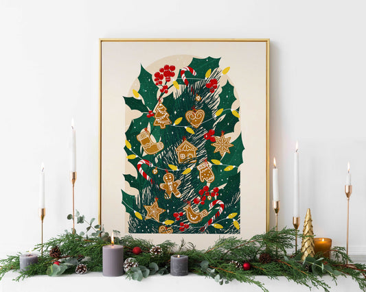 Botanical vintage gingerbread / Holly plant and Xmas tree wall art Christmas poster digital download printable wall art
