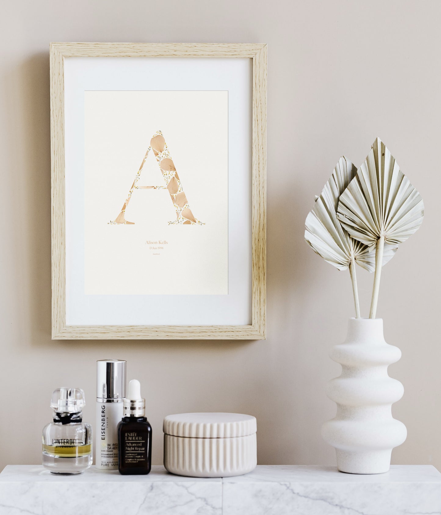 Beige personalized name letter prints Pressed wildflower and roses petals poster
