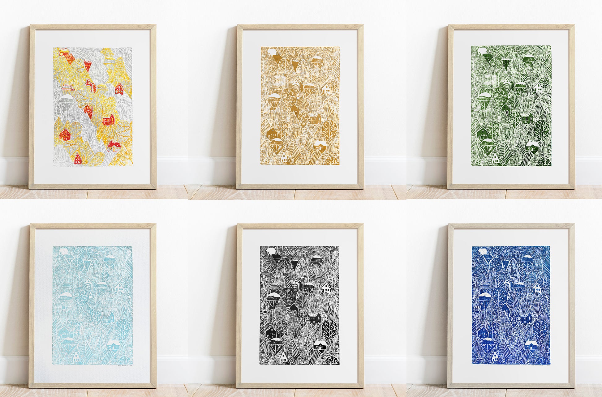 Holiday winter wall art Linocut print Blue forest with houses Original artwork 12x16 Bedroom decor for New home gift UNFRAMED, Linogravure, Kids wall art, Living room wall art, Farmhouse wall decor, Village wall art, New home gift, handmade relief print