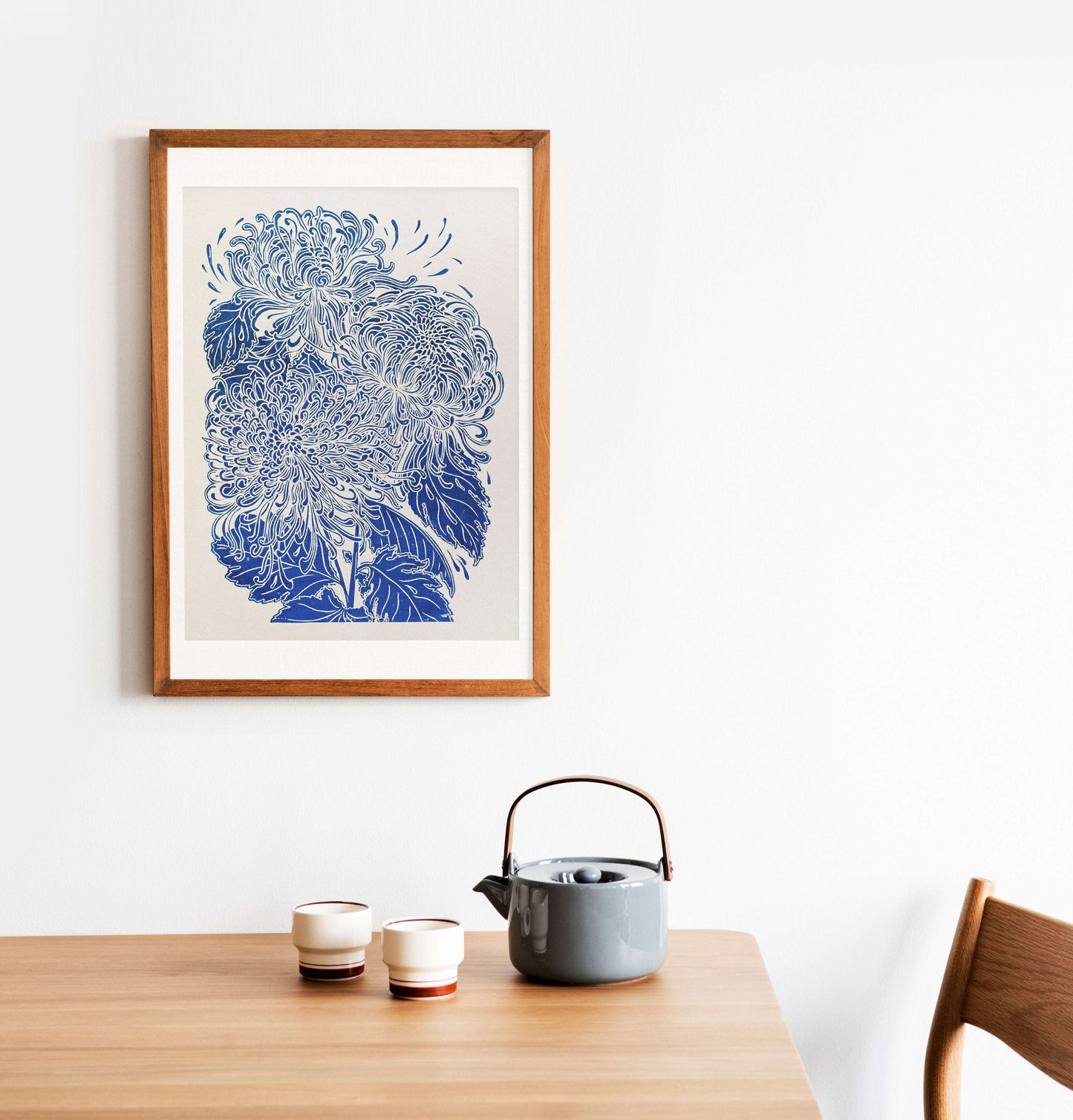 Blue japanese chrysanthemum flower Linocut print for Nature lover gift UNFRAMED for modern kitchen or bedroom wall decor
