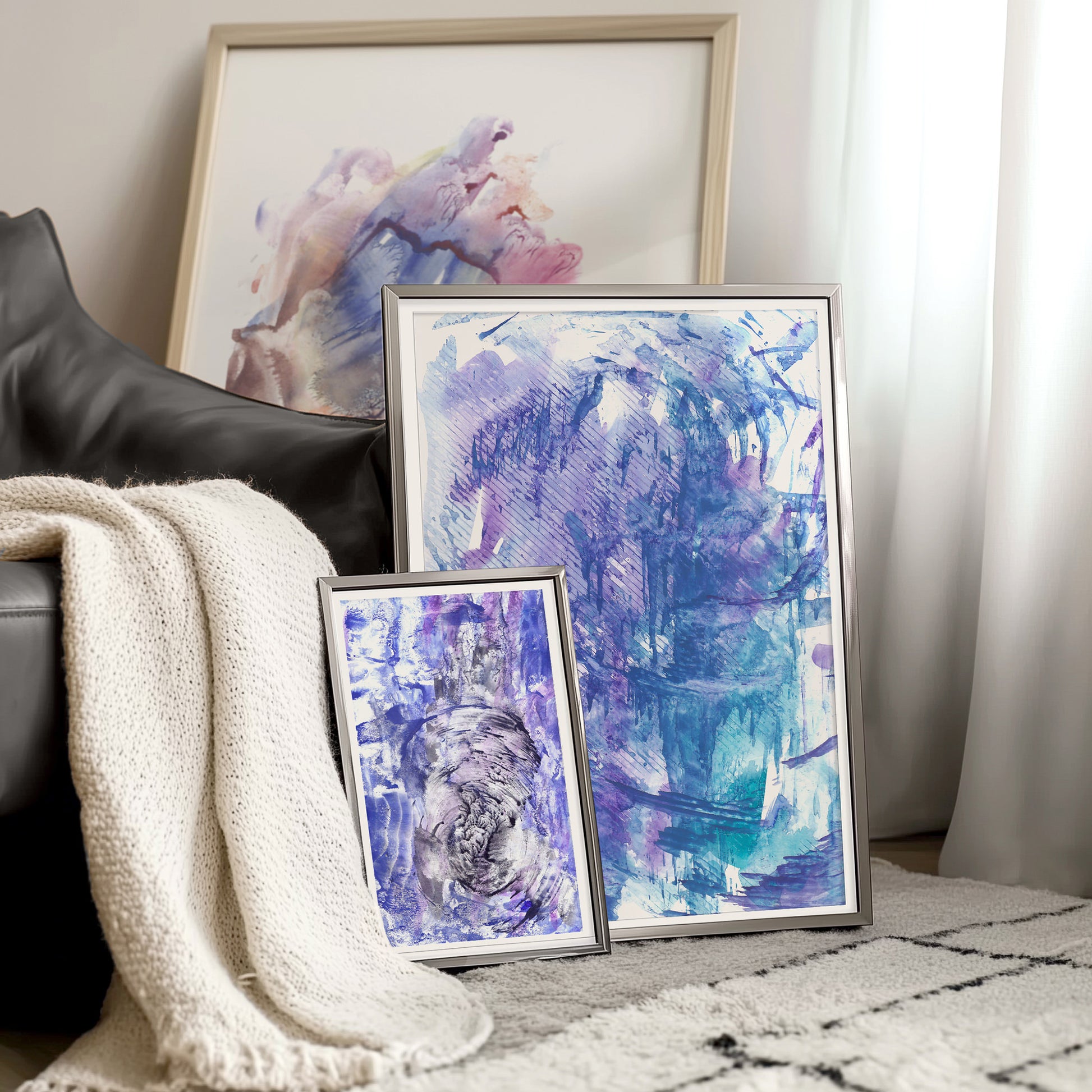 Blue and purple abstract monotype «Textured Impressions I» wall poster, printable wall art