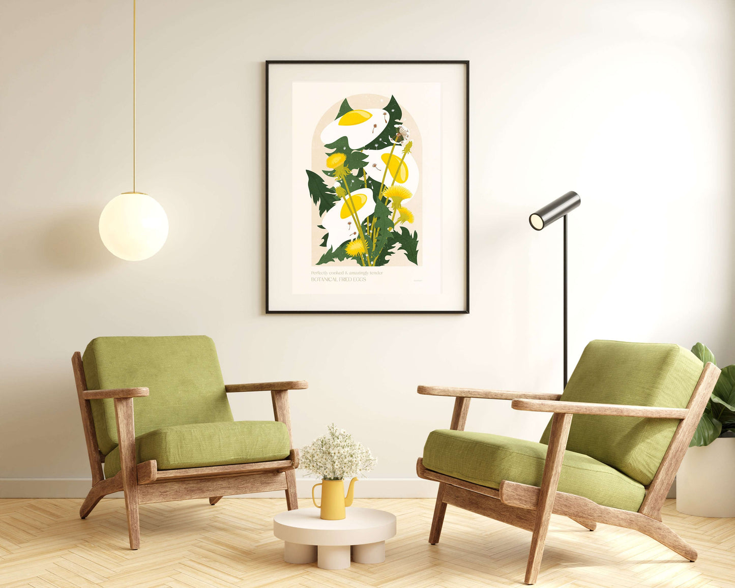 Botanical vintage fried egg Dandelion plants and flower poster for modern kitchen and dining room decor Printable wall art INSTANT DOWNLOAD digital poster