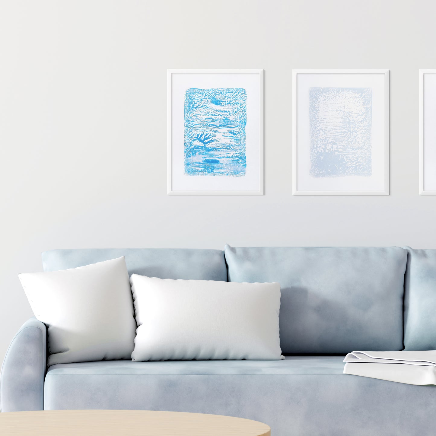 Holiday winter wall art Gallery wall set of 2 Monotype prints Abstract light blue turquose relief textures Original artwork New home gift, handmade printmaking art, relief print, Minimalist artwork, scandinavian wall decor decoration, living room decor, bedroom or bathroom wall art