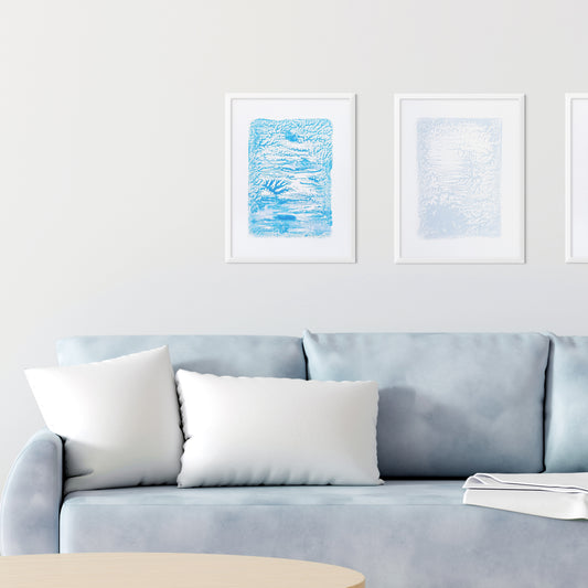 Holiday winter wall art Gallery wall set of 2 Monotype prints Abstract light blue turquose relief textures Original artwork New home gift, handmade printmaking art, relief print, Minimalist artwork, scandinavian wall decor decoration, living room decor, bedroom or bathroom wall art