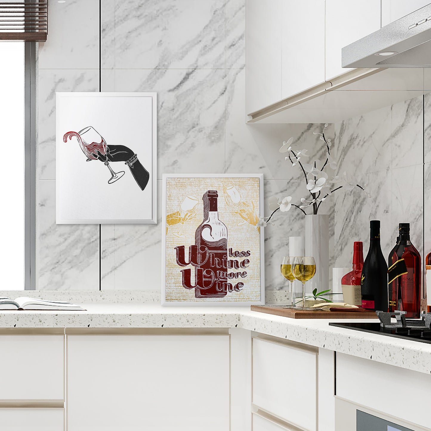 Holiday gallery wall set of 2 Wine original artwork Less whine more wine Linocut print Women hand with glass of red wine for Bar gift art UNFRAMED, lino print, linogravure, printmaking art, relief print, block print, festive wall art, alcohol poster, bar art, original artwork, New home gift, housewarming gift, modern kitchen art, bedroom wall decor, dining romm decor, birthday decor, christmas decoration
