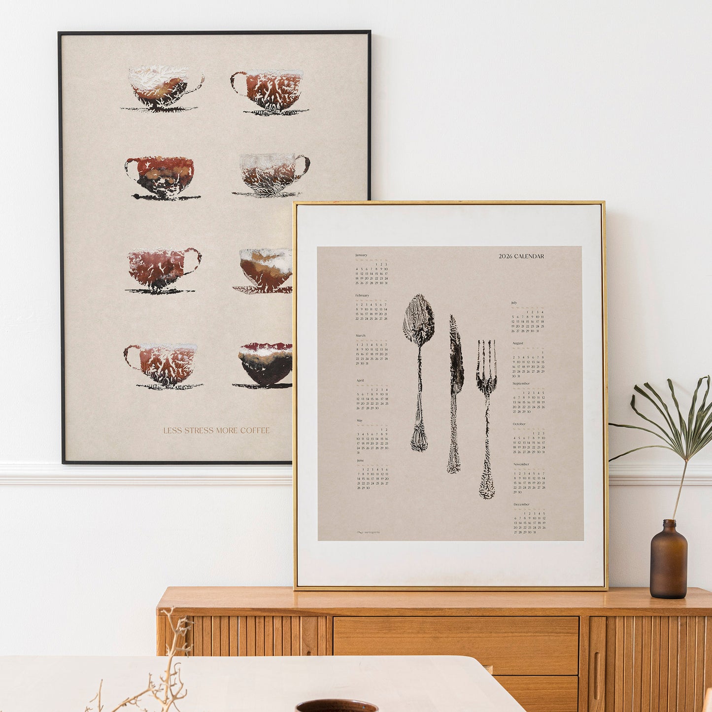 2026 yearly calendar vintage poster spoon fork knife coffee lover gift gallery wall set of 2 monotype prints printable wall art modern kitchen dining room decor digital poster less stress more coffee inspirational saying grandmother cooking utensils hostess mother christmas present illustration xmas INSTANT DOWNLOAD large chef illustrated new year Minimal Eating Lifestyle Cooking Restaurant Seasonal Farm to Table mom mother sister godmother aunt girlfriend wife gift for her farmhouse rustic