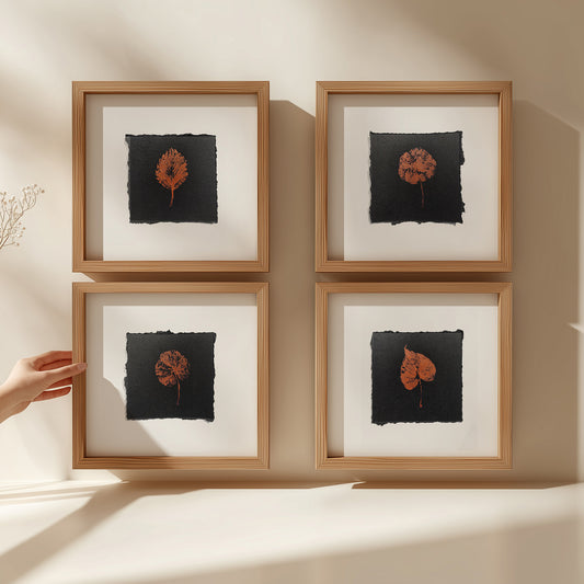 Cottagecore Mini Gallery Wall Set of 4 Monotype Print Black Rose Gold Leaves Minimalist Fall Autumn Monoprint Bedroom Artwork Thank You Gift wall hanging, unique wall art, trendy, thank you gift, boss, teacher appreciation gift, Summer, Christmas, Spring wall art, sister in law gift,  self gift, rustic wall art, retirement, One of a Kind Holiday Gift, Relief print, realtor closing gift, Printmaking art