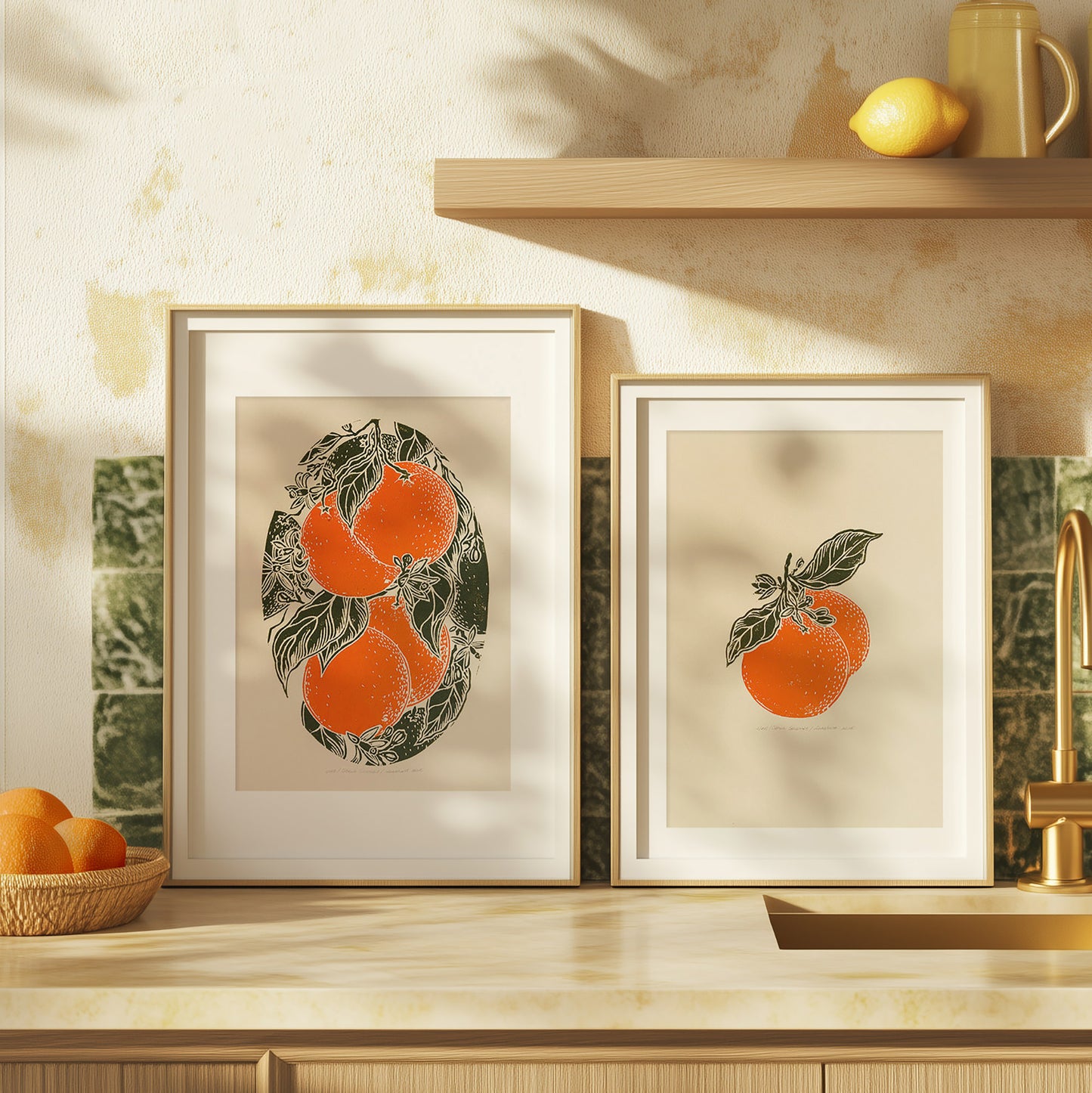 Gallery wall set of 2 Vintage oranges fruits linocut print for Kitchen art decor, wall hanging, Vintage art, unique wall art, trendy wall art, thank you gift boss, teacher appreciation gift, Summer wall art, sister in law gift, shelf decor, self gift, Sage green color, rustic artwork, Retro artwork, retirement gift, Relief print, realtor closing gift, Printmaking art, Plant print, plant lover gift, original illustration, original artwork