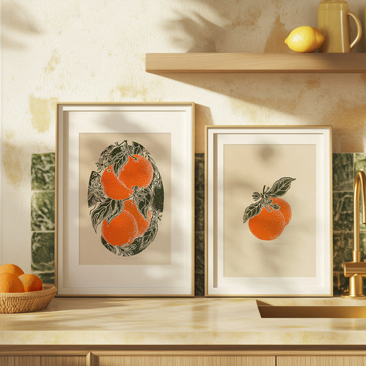 Gallery wall set of 2 Vintage oranges fruits linocut print for Kitchen art decor, wall hanging, Vintage art, unique wall art, trendy wall art, thank you gift boss, teacher appreciation gift, Summer wall art, sister in law gift, shelf decor, self gift, Sage green color, rustic artwork, Retro artwork, retirement gift, Relief print, realtor closing gift, Printmaking art, Plant print, plant lover gift, original illustration, original artwork