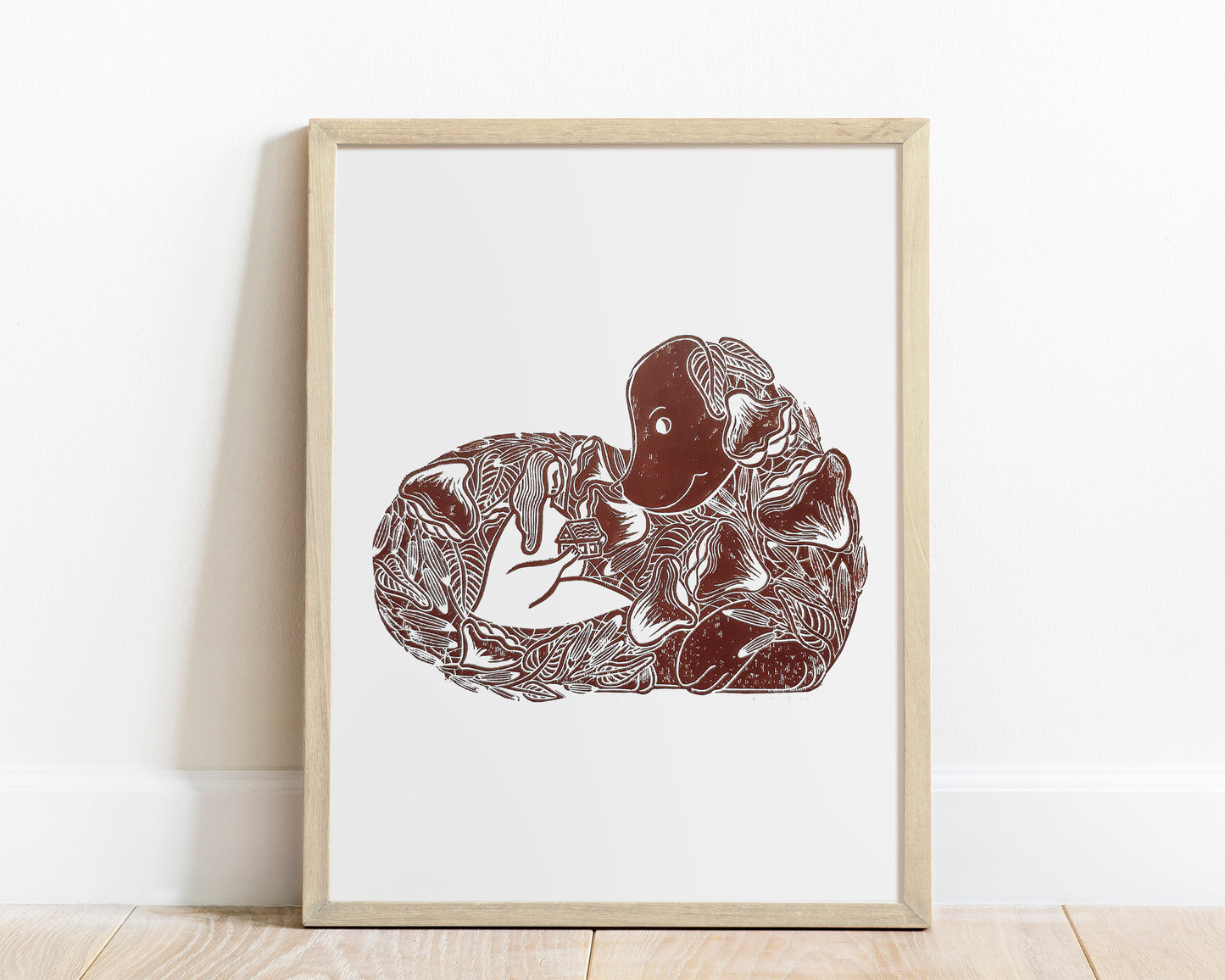 Linocut print Original artwork Linogravure Lino Floral linoleum Spring wall art Botanical Brown dog Kids animal Baby shower gift Bedroom Nursery decor block female relief flowers printmaking Children room farm cute animal pet