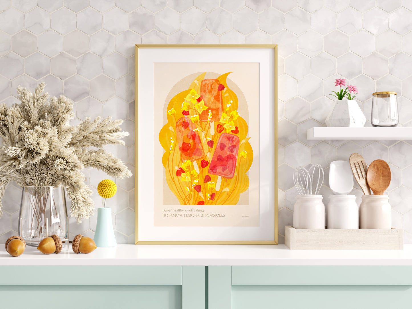 Botanical vintage lemonade popsicles poster Colorful summer for modern kitchen and dining room decor with Pink, red and yellow juicy strawberries, raspberries, and oranges