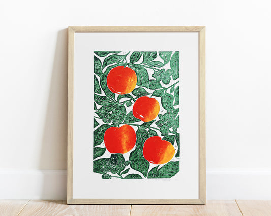Apple linocut print  / Original artwork Botanical fruit for modern kitchen wall art or Nature lover gift UNFRAMED / lino print, linogravure, original artwork, botanical floral wall art, printmaking, relief print, Red yellow and green art block print, new home gift, kitchen, dining room, bedroom, living room