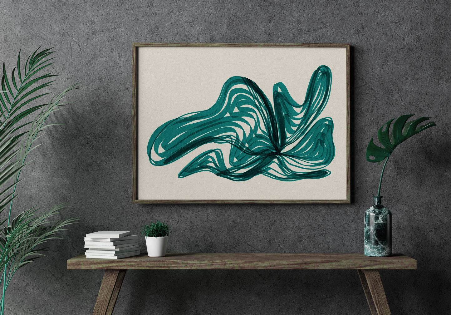 Модні смарагдово-зелені квіти з абстрактними лініями / Геометричні настінні малюнки для сучасної вітальні та спальні для друку. МИТТЄВЕ ЗАВАНТАЖЕННЯ
