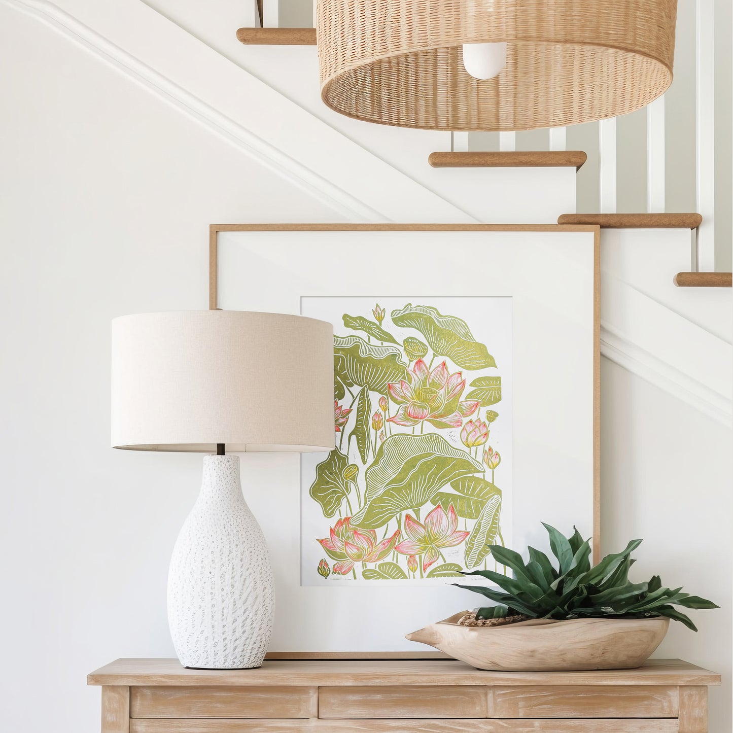 Summer wall art Watercolor Lotus flowers and leaves Botanical linocut print Original artwork Modern kitchen japanese decor Nature lover gift