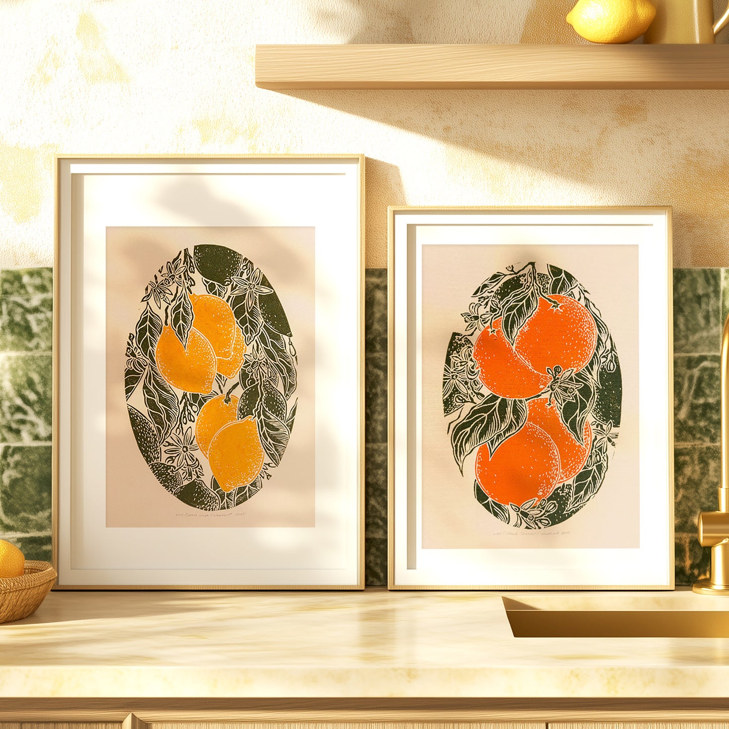 Gallery wall set of 2 Vintage lemons and oranges fruits linocut print for Kitchen art decor, wall hanging, Vintage art, unique wall art, trendy wall art, thank you gift boss, teacher appreciation gift, Summer wall art, sister in law gift, shelf decor, self gift, Sage green color, rustic artwork, Retro artwork, retirement gift, Relief print, realtor closing gift, Printmaking art, Plant print, plant lover gift, original illustration, original artwork, Oranges artwork, Orange color, Orange and green art