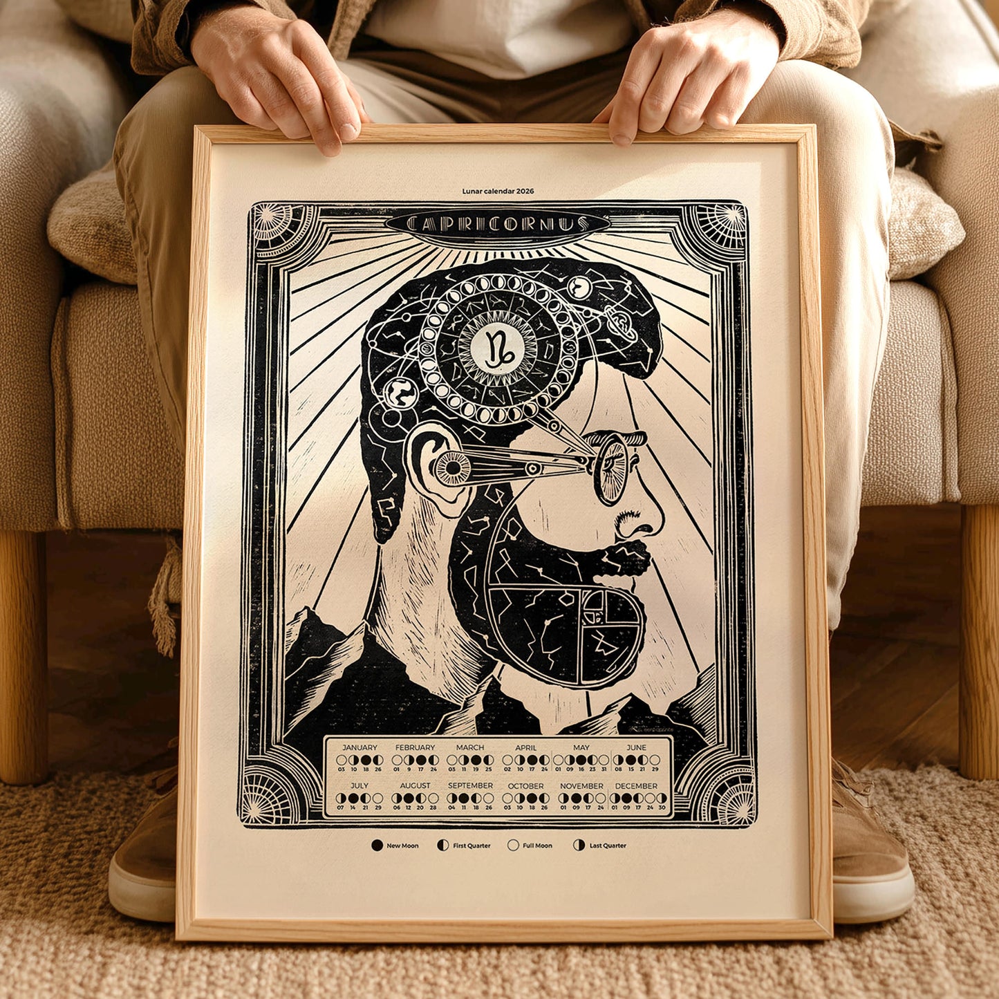 personalized zodiac 2026 lunar calendar moon phases male portrait art deco landscape wall art linocut prints printable wall art home office digital poster boyfriend gift christmas present husband gift for him brother New year gift large contemporary modern chart black bedroom INSTANT DOWNLOAD digital download Dark Academia Mystical boho bohemian classical illustrated workspace coworker new apartment holiday xmas teacher housewarming homeowner friend downloadable aesthetic self
