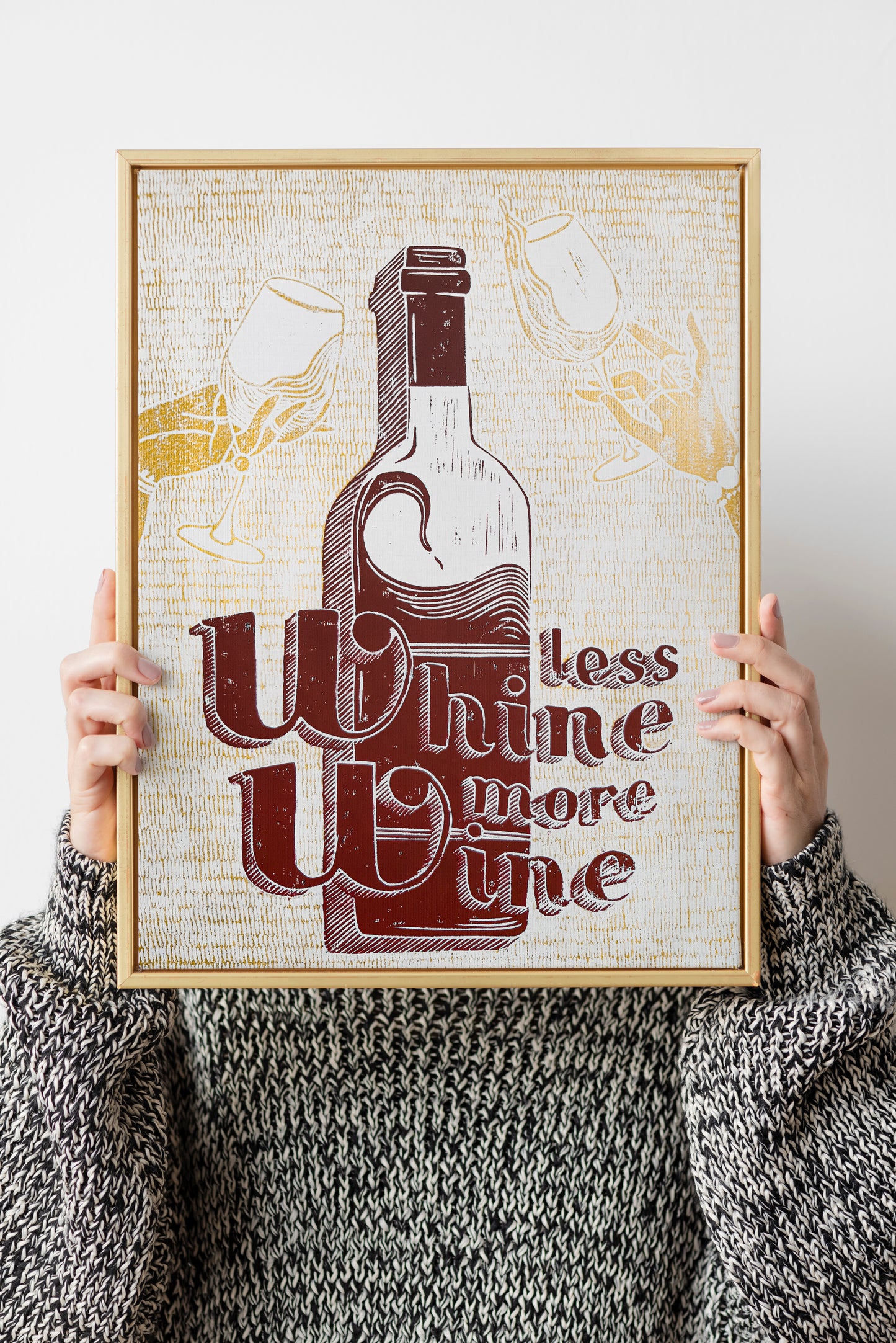 Red and gold Less whine more wine sign art Linocut print Alcohol original artwork Holiday winter wall art for bar decor UNFRAMED, Lino print, Linogravure, relief print, Wine lover gift, Red and gold art, printmaking handmade print, Gift for girlfriend, Modern kitchen art, Grandma Chic wall decor