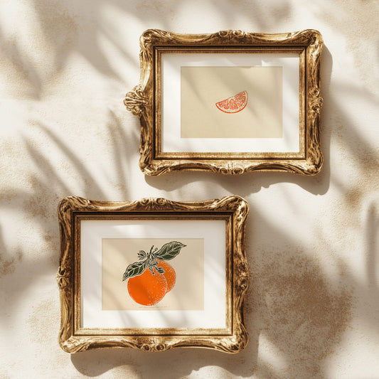 Mini gallery wall set of 2 A5 Vintage oranges fruits and slice linocut print for Kitchen art decor wall hanging, Vintage art, unique wall art, trendy wall art, thank you gift boss, teacher appreciation gift, Summer wall art, sister in law gift, shelf decor, self gift, Sage green color, rustic artwork, Retro artwork, retirement gift, Relief print, realtor closing gift, Printmaking art, Plant print, plant lover gift, original illustration, original artwork, Oranges artwork