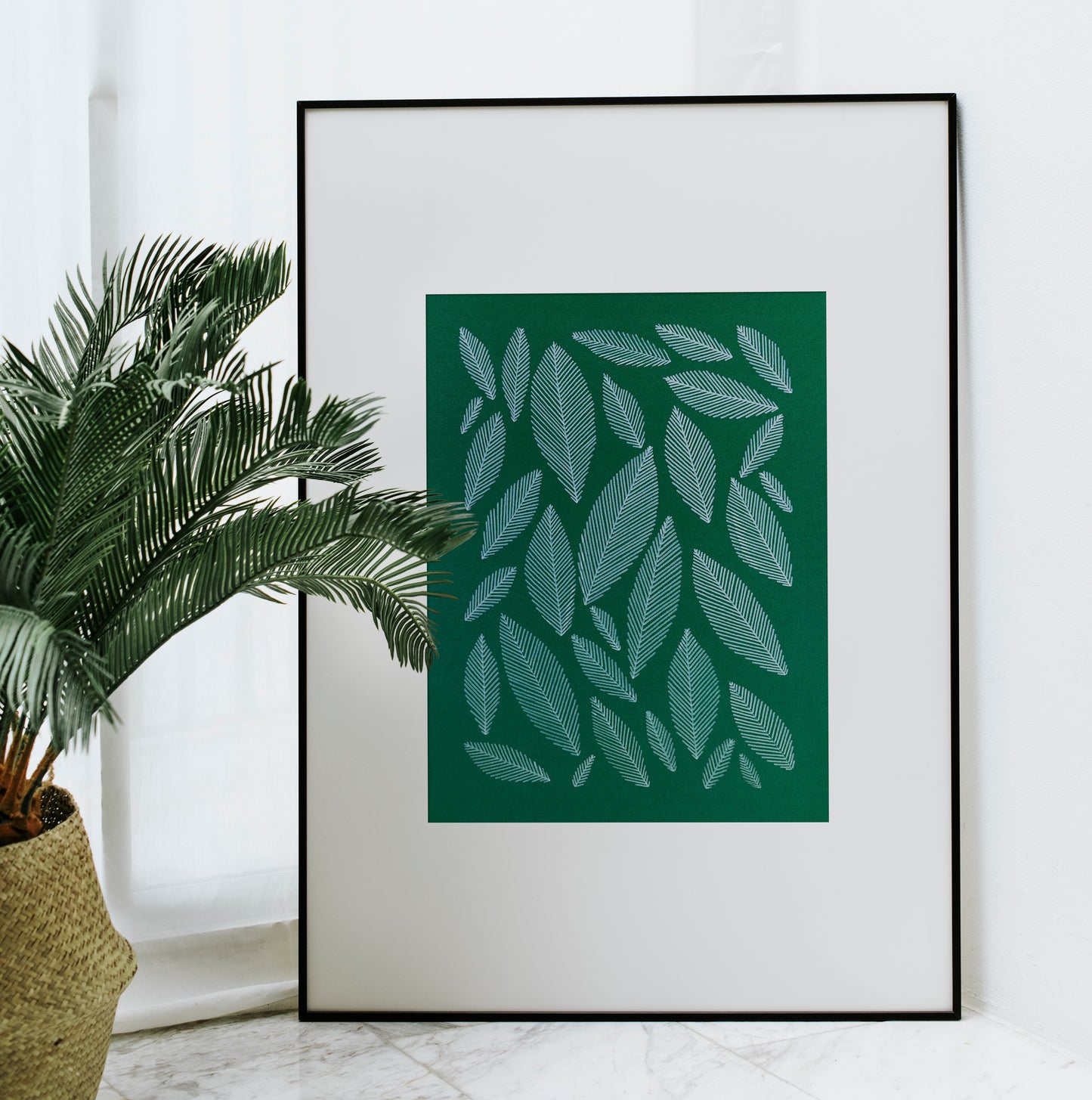 Emerald green geometric abstract leaf line shapes artwork for Nature lover gift UNFRAMED for living room, or bedroom original artwork